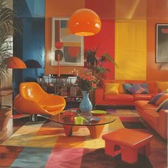 a living room filled with furniture and colorful walls