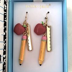 Brand New Never Worn. Pierced Earring In Gorgeous Gift Box. Gold Tone Dangle Earrings With Ruler, Apple And Pencils Charms. Approximately 2” Long. Teacher Gift Present Personal Note Appreciation School Emerald Diamond Earrings, French Hook Earrings, Bling Earrings, Ear Earrings, Natural Stone Earrings, Cz Earrings, Crazy Lace Agate, Vintage Pearls, Pearl Stud Earrings