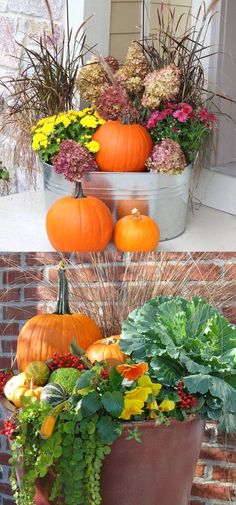 some pumpkins and other plants are sitting on the front porch