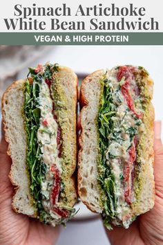 two sandwiches with spinach, artichoke and bean sandwich on them in front of the caption vegan & high protein