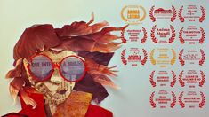 a man with red glasses and feathers on his head in front of a movie poster