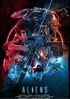 the aliens movie poster is shown in red and blue