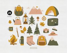 various items are arranged in the shape of a circle, including backpacks and camping gear