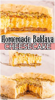 homemade baklaa cheese cake is cut in half and ready to be eaten