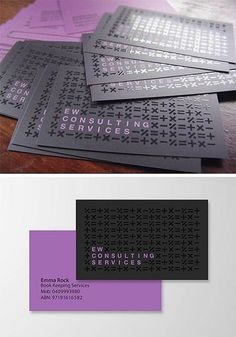 four business cards with black and purple designs on them, one is for consulting services