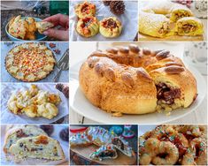 many different types of pastries and desserts are shown in this photo collage