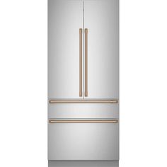 a stainless steel refrigerator with two gold handles