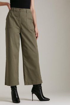 Twill Woven Wide Leg Cropped Trouser Casual Wide-leg Culottes With Pockets, Spring Wide Leg Pants With Patch Pockets For Work, Spring Wide Leg Ankle-length Pants With Welt Pockets, Spring Ankle-length Wide Leg Pants With Welt Pockets, Spring Utility Wide Leg Bottoms, Utility Wide Leg Bottoms For Spring, High-waisted Wide Leg Pants With Patch Pockets, Casual Workwear Culottes With Straight Shape, Cropped Leg Pants With Welt Pockets For Spring