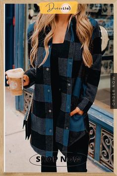 Casual Mid Length Plaid Print Coat Plaid Print Coat, Mini Robes, Plaid Coat, Print Coat, Long Sleeves Coats, Collar Blouse, Fashion Pattern, Casual Coat