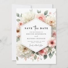 save the date card with pink flowers and greenery on white marble background, featuring an octagonal frame