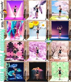 a collage of photos showing different poses for the same person, with one woman standing in