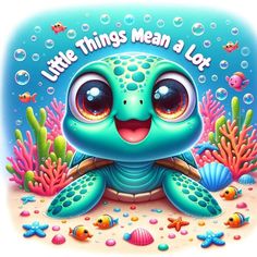 a cartoon turtle with big eyes sitting in the ocean surrounded by corals and fish