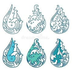 four water drops with waves and bubbles in black and white colors royalty illustration stock illustration