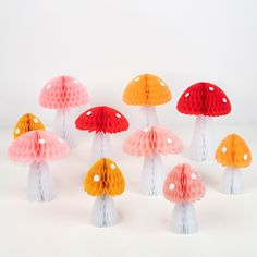 honeycomb mushroom decorations by meri meri mm 223749 1 Standing Decorations, Mushroom Decorations, Fairy Garden Birthday Party, White Tissue Paper, Tissue Pom Poms, Garden Party Birthday, Fairy Birthday Party, Party Room, Garden Birthday