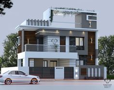 a car is parked in front of a modern house with balconies on the second floor