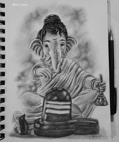 a drawing of an elephant with a hat on it's head sitting next to a bell