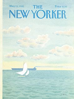 an advertisement for the new yorker, with a sailboat in the water and clouds above