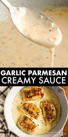 garlic parmesan creamy sauce in a white bowl with a spoon full of it