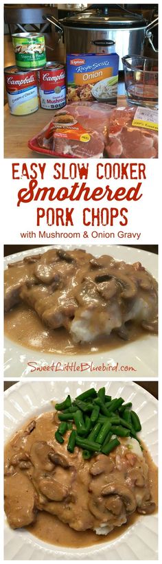 an easy slow cooker dinner pork chops with mushroom and onion gravy