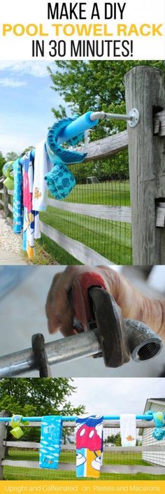 an advertisement for the pool towel rack in 30 minutes, with images of towels hanging on a fence