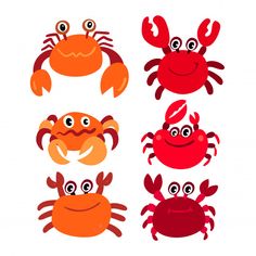 four crabs with different faces and eyes, one is orange and the other is red