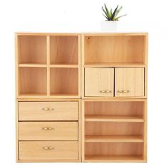 a wooden shelf with drawers and a potted plant on top