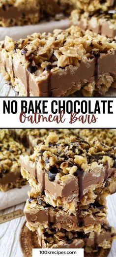 no bake chocolate oatmeal bars are stacked on top of each other