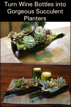 two pictures of wine bottles with succulent plants in them and candles on the table