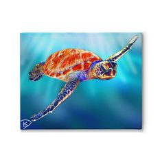 a painting of a sea turtle swimming in the ocean with blue and green water behind it