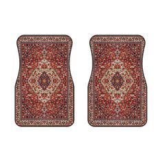 two red rugs with an intricate design on the front and back floor, both in different colors