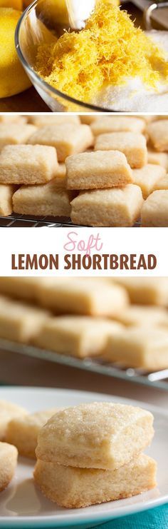 lemon shortbread cookies on a white plate with the words lemon shortbread over them