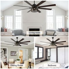 the ceiling fan in this living room is very large and has five blades on it