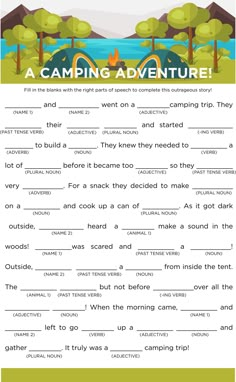 the camping adventure worksheet is shown with an image of trees and mountains in the background