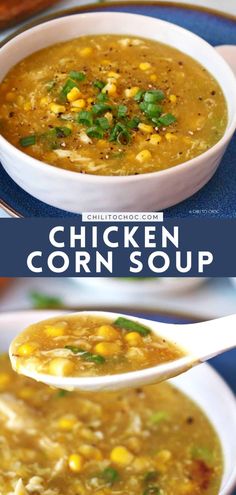 chicken corn soup in a white bowl on a blue and brown plate with a spoon