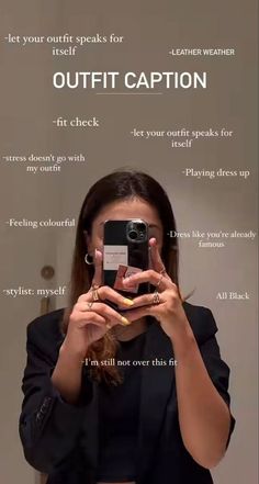 a woman taking a selfie in front of a mirror with the caption outift caption