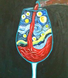 a painting of a wine glass with the starry night as it pours into it