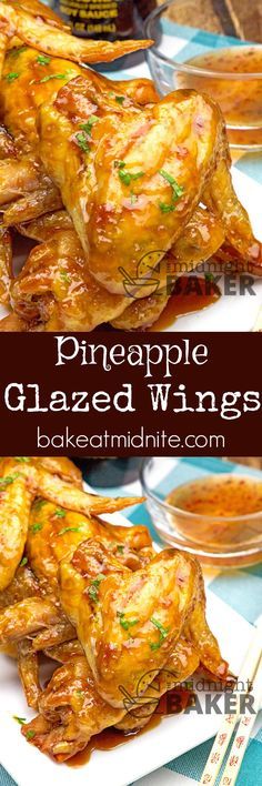 pineapple glazed wings on a plate with dipping sauce