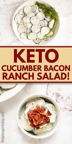 keto cucumber bacon ranch salad in two bowls on a marble counter top