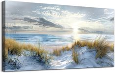 a painting of the sun setting over the ocean with sand dunes and sea oats in the foreground