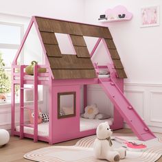 a child's bedroom with a pink bunk bed and stairs