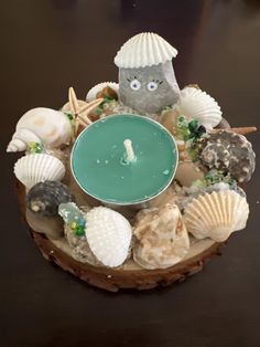 a candle that is sitting in some shells