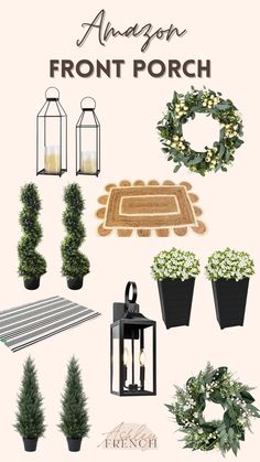 Amazon Front Porch Front Porch Hanging Ferns, Topiary Trees Front Door Entrance, Entry Door Decor Outside, Outside Entrance Decor, Modern Front Door Decor Ideas, Studio Mcgee Front Porch, Front Porch Greenery, Small Front Door Decor Entrance, Front Porch Entryway Ideas