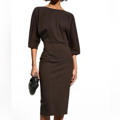 Bateau Neck With Bow Back. 3/4 Sleeves. Center Back Slot. Hem Hits Around Knee. Bodycon Silhouette With Invisible Zipper Chic Midi Dress With 3/4 Sleeves For Daywear, Chic 3/4 Length Workwear Dresses, Fall Workwear Midi Dress With Half Sleeves, 3/4 Length Midi Dress For Workwear In Fall, Career Midi Dresses For Fall, Half-sleeve Fall Workwear Dresses, Fall Career Midi Dresses, Half Sleeve Fall Workwear Dresses, Fall Workwear Midi Dress, 3/4 Length