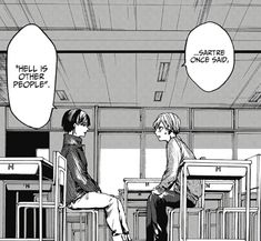 an image of two people sitting at desks in a school setting with speech bubbles above them