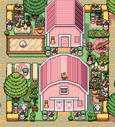 a pink farm with lots of trees and plants in the center, surrounded by buildings