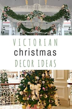 the victorian christmas tree decorated with bows and garlands is shown in front of an ornate balcony