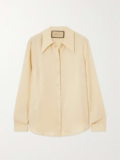 GUCCI Silk-jacquard shirt Gucci Luxury Formal Blouse, Elegant Gucci Office Blouse, Luxury Gucci Blouse For Formal Occasions, Luxury Formal Gucci Blouse, Luxury Formal Blouse By Gucci, Gucci Spread Collar Shirt For Work, Chic Gucci Silk Top, Formal Silk Gucci Blouse, Gucci Classic Formal Blouse