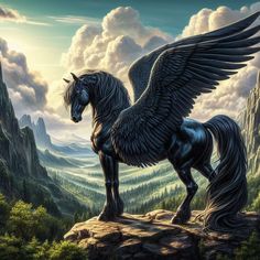 a black horse with wings standing on top of a rock covered hillside next to mountains