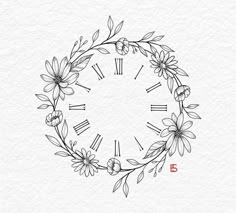 a drawing of a clock with flowers and leaves around it, in the shape of a circle