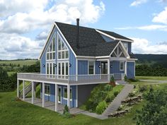 this is an artist's rendering of a house in the country side with porches and balconies